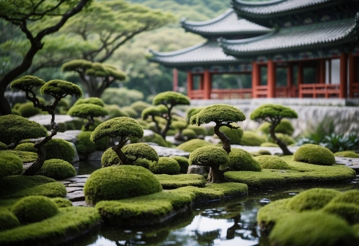 Lush green moss carpets the ground of a serene Chinese garden, surrounded by delicate bonsai trees and tranquil water features