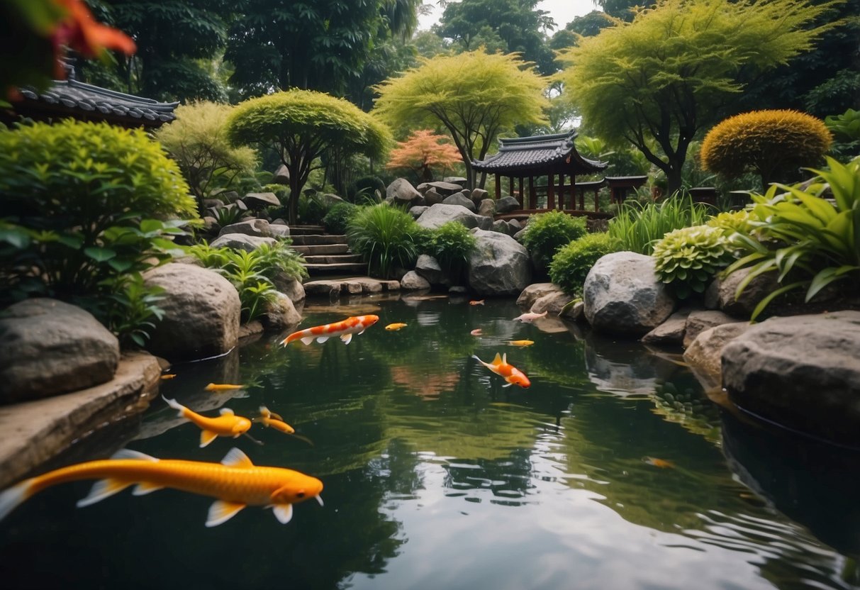 A serene koi pond surrounded by lush greenery and colorful ornamental elements in a small Asian garden