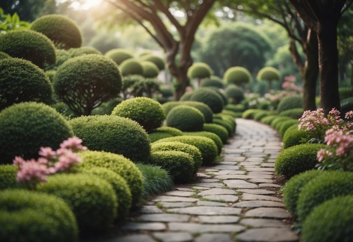 A winding stone pathway through a tranquil Asian garden, surrounded by lush greenery and delicate blooms