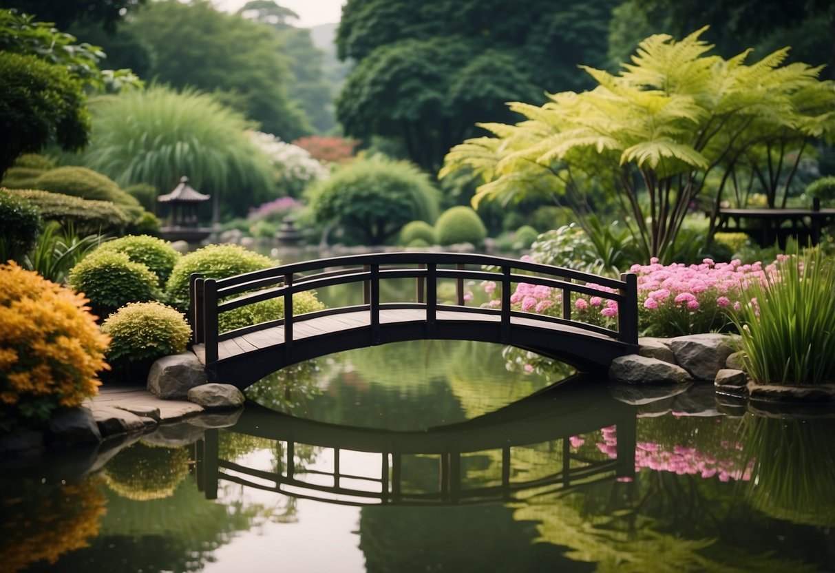 A traditional garden bridge spans over a tranquil pond, surrounded by lush greenery and colorful flowers in a small Asian garden