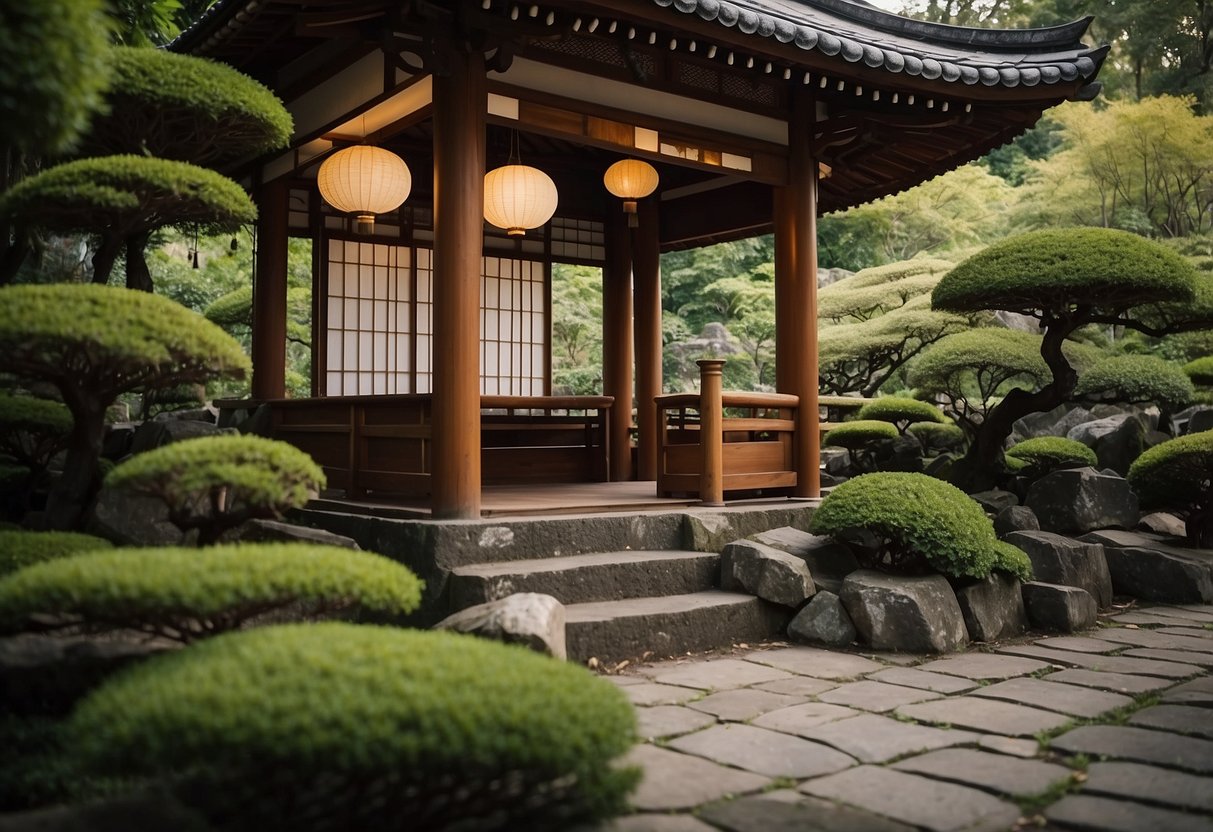 A serene Tea House Pavilion nestled in a small Asian garden, surrounded by lush greenery and traditional Japanese lanterns