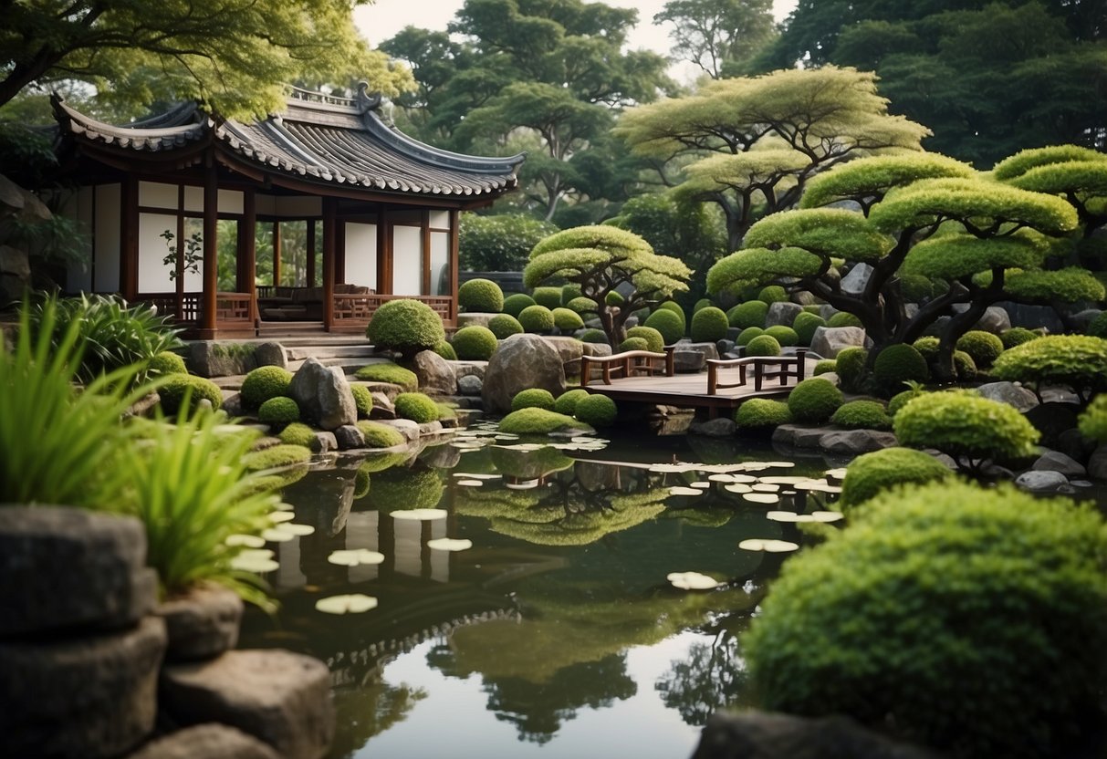 A small Asian garden with a serene pond, lush greenery, and delicate bonsai trees, creating a peaceful and harmonious space