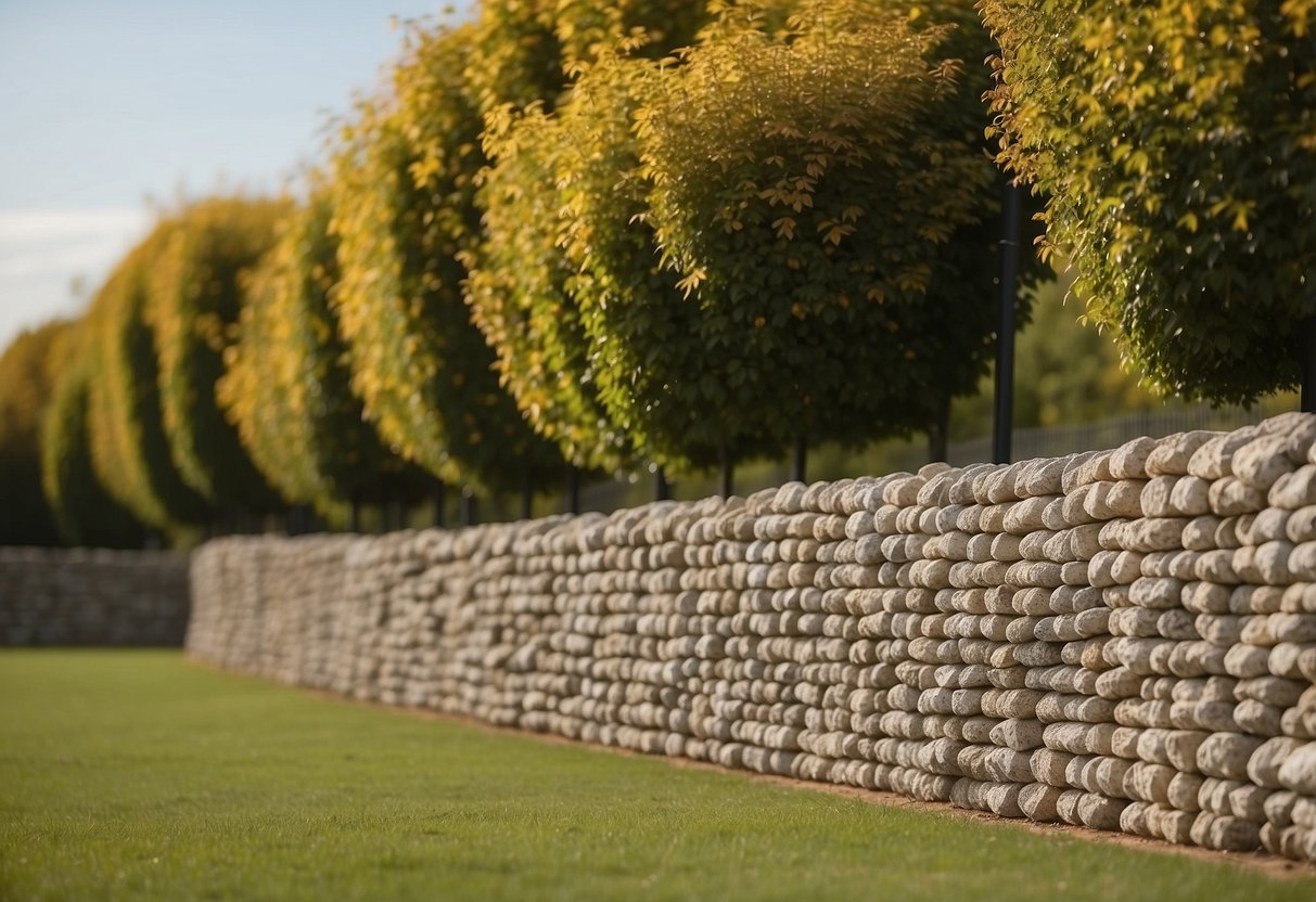 A garden with gabion walls creating a windbreak. Trees and shrubs planted behind the walls. Wind blowing gently through the leaves