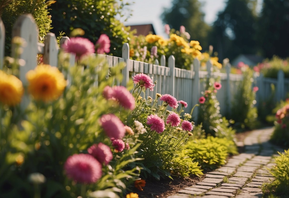 A charming garden with picket fences serving as windbreaks, surrounded by colorful flowers and lush greenery