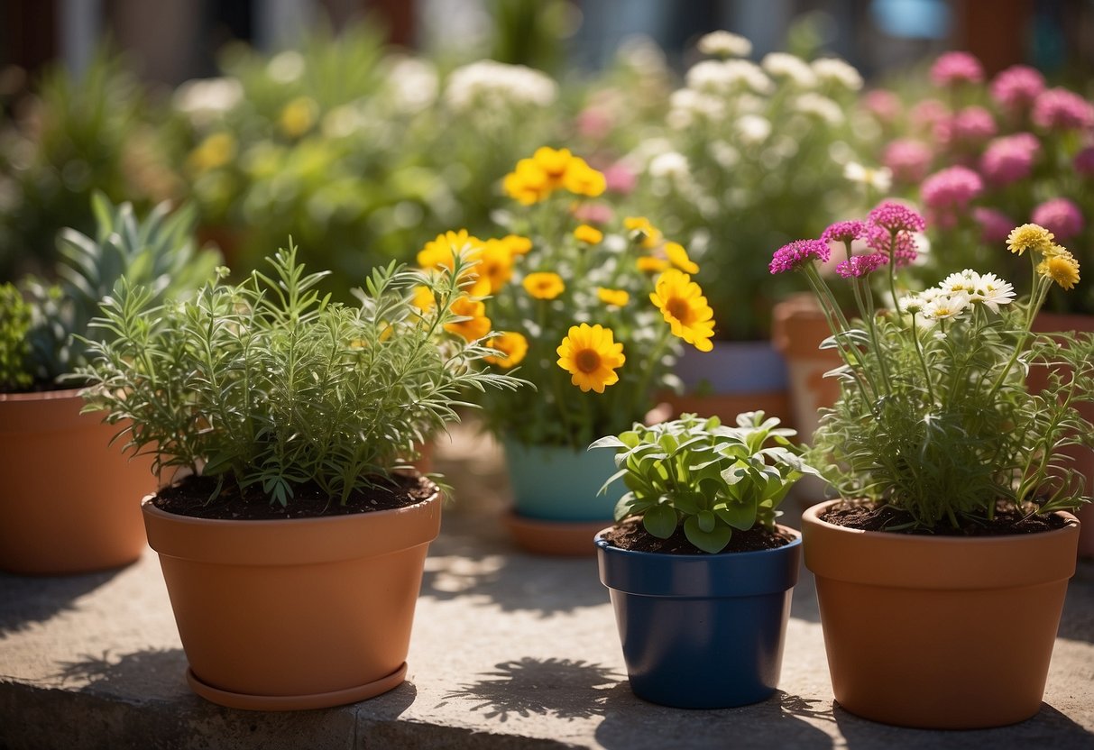 A group of colorful potted plants arranged in a sunny outdoor space, with various sizes and shapes of containers, and a mix of flowers, herbs, and vegetables