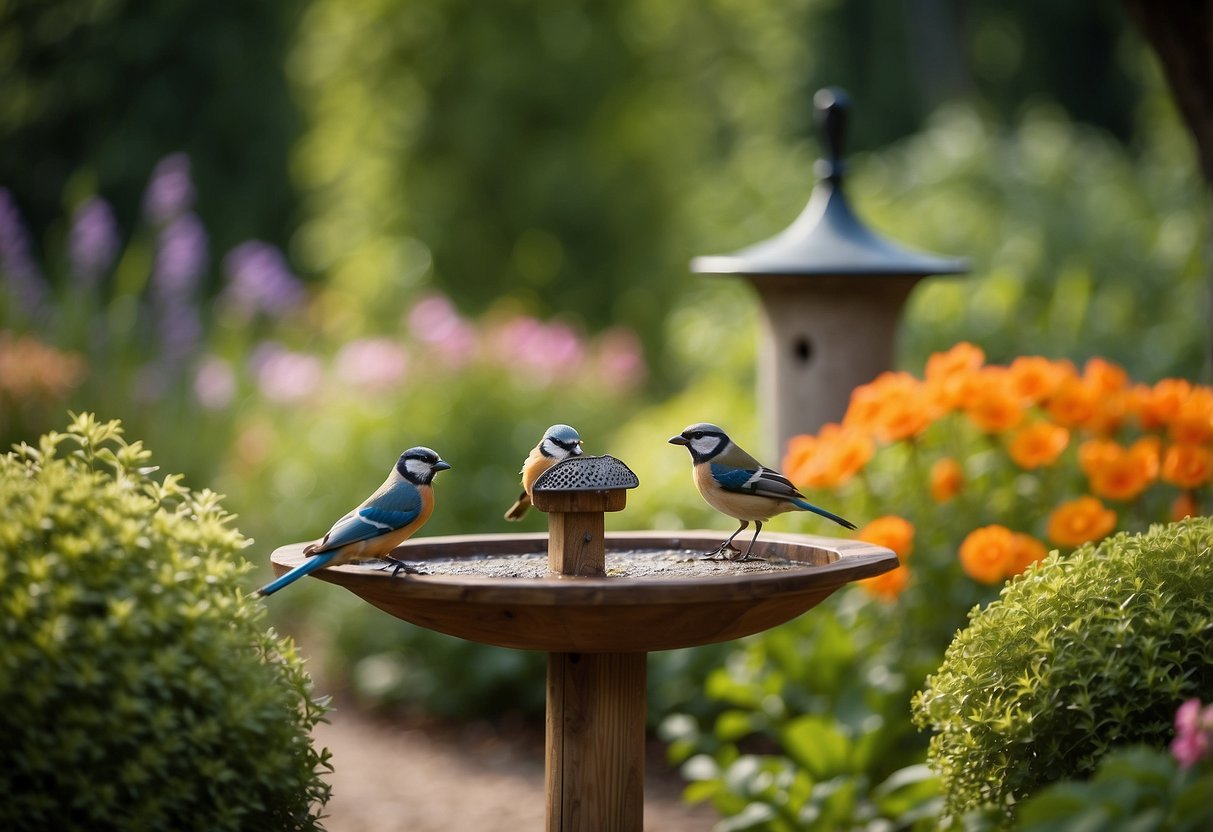 A serene garden with wooden birdwatching stations surrounded by colorful flowers and lush greenery. Bird feeders and birdbaths attract a variety of feathered visitors