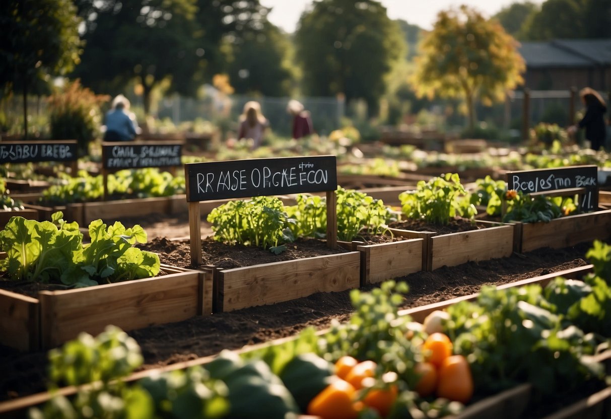 A group of raised vegetable beds arranged in a garden, with signs indicating different crops. Surrounding the beds are benches and tables for seniors to gather and tend to the plants