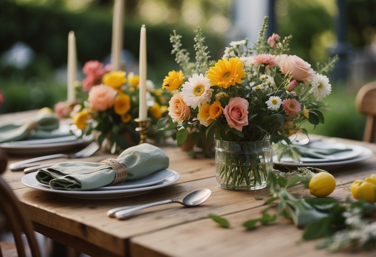 A table covered in assorted flowers and greenery, with vases, scissors, and ribbons laid out for a flower arrangement workshop at a garden club for seniors