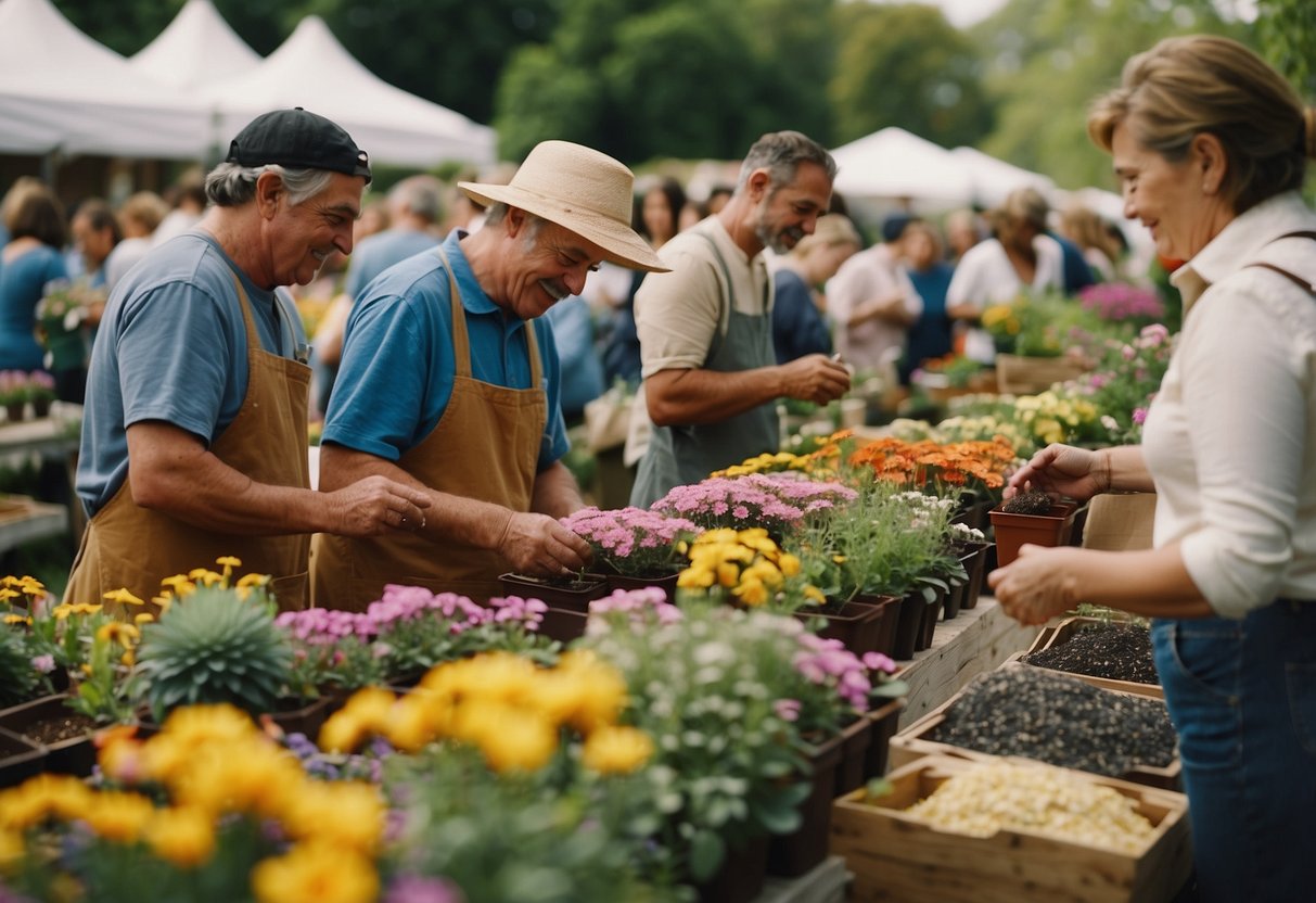 Gardeners exchange seeds at a lively event, surrounded by colorful flowers and potted plants. Tables are filled with packets of seeds, and people chat and laugh as they trade their favorite varieties