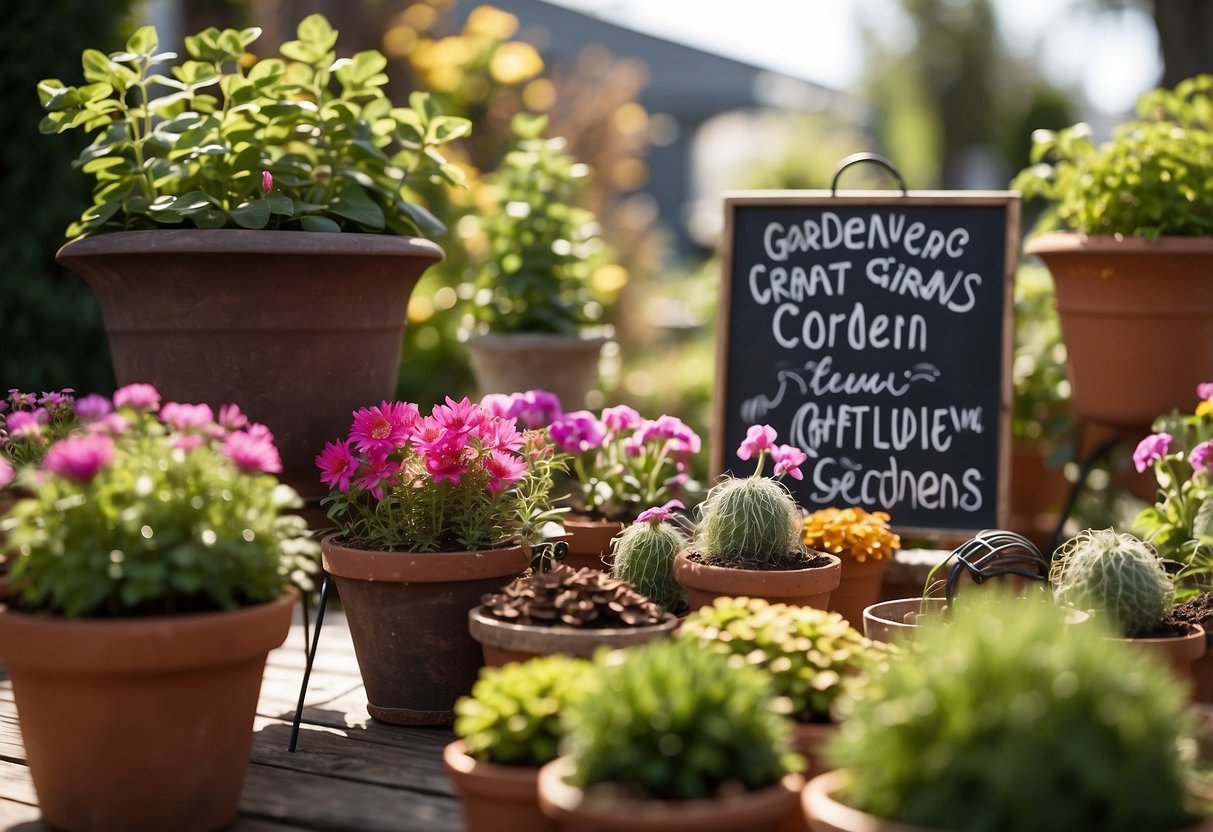 A colorful array of potted plants, bird feeders, and handmade garden decorations fill the outdoor space. A sign reads "Garden Crafts Corner - garden club ideas for seniors."