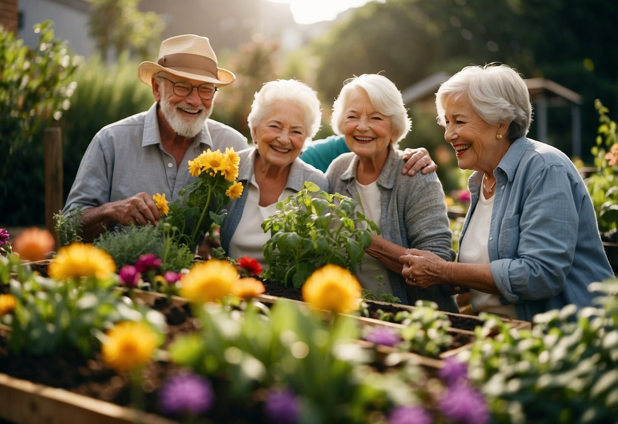 A group of seniors gather in a vibrant garden, tending to their raised beds filled with colorful flowers and lush vegetables. A sense of community and joy is evident as they share tips and ideas for their Victory Gardens