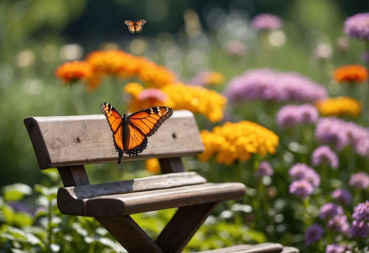 A colorful garden with blooming flowers and fluttering butterflies. Bird feeders and benches for seniors to enjoy nature