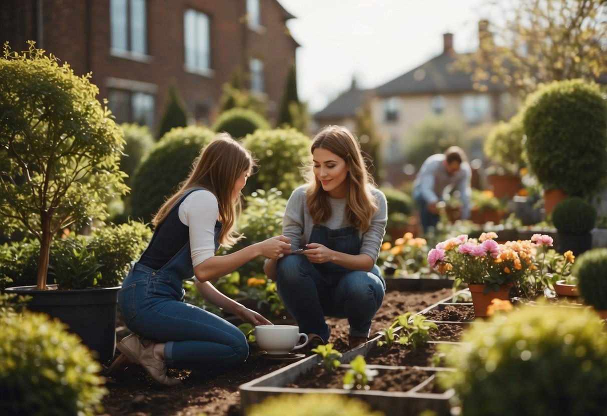 Members planting flowers, pruning bushes, and arranging garden beds. Others chatting, sipping tea, and sketching designs. A peaceful, lively atmosphere