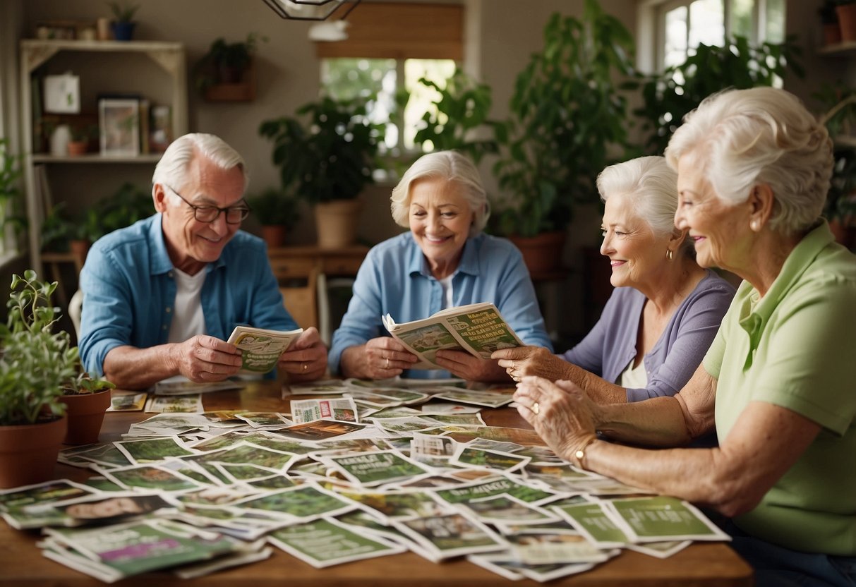 A group of seniors gather around a table covered in gardening magazines and seed packets, discussing and brainstorming ideas for their garden club