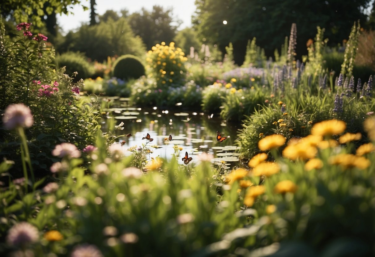 Lush garden with native plants, bird feeders, and a small pond. Butterflies flutter around while birds nest in the trees. Bees buzz among the flowers, creating a vibrant and diverse ecosystem