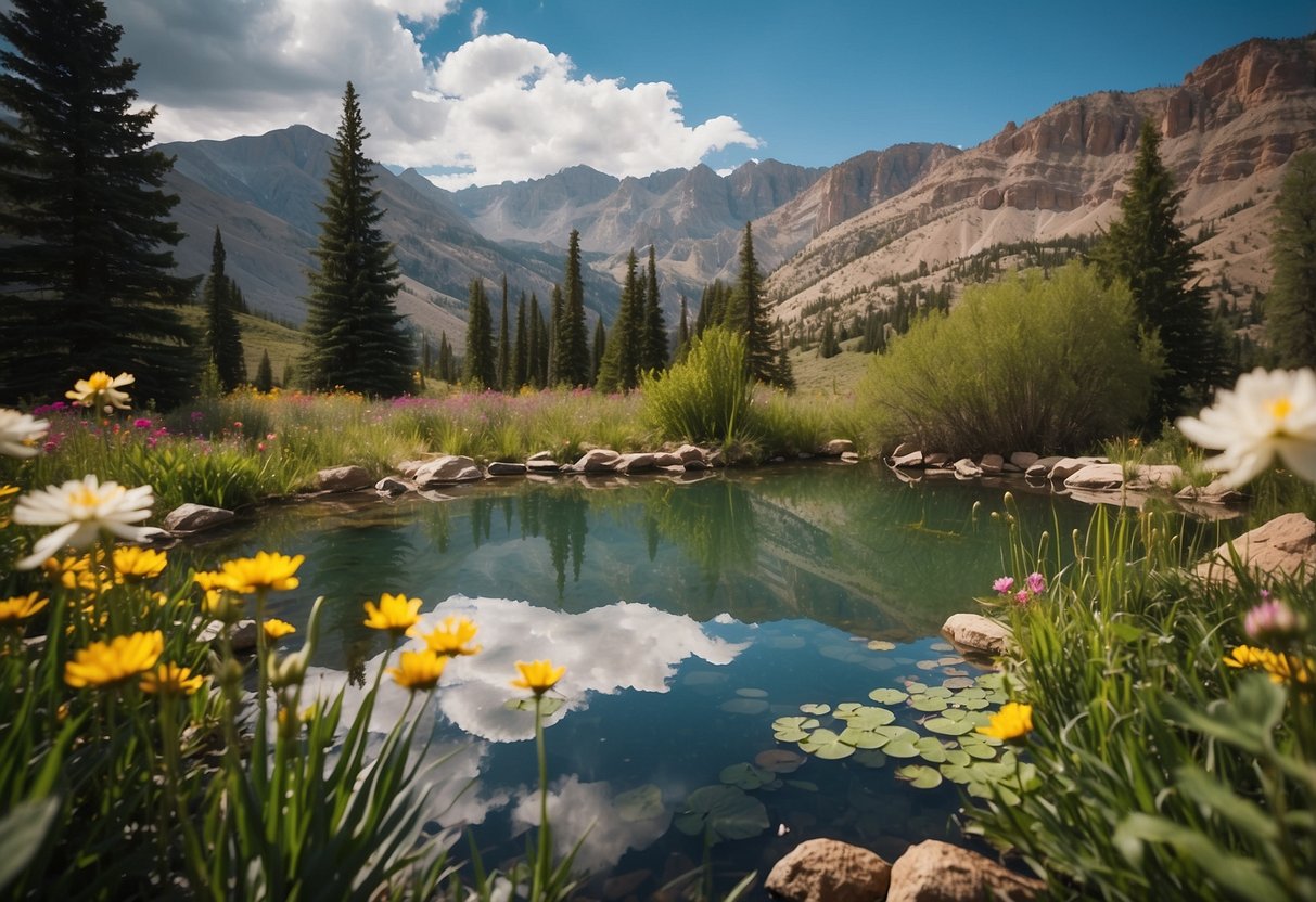 A serene pond surrounded by vibrant flowers and lush greenery, with a backdrop of the majestic Colorado mountains