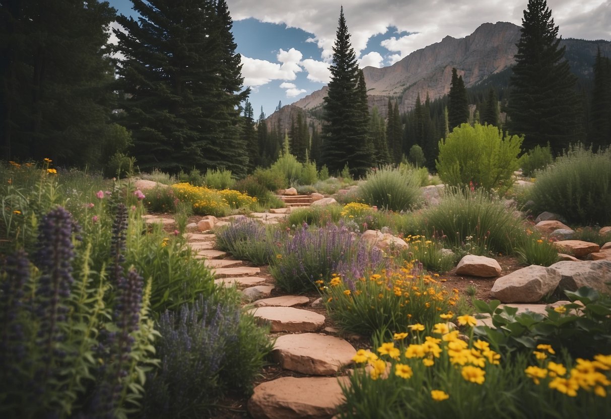 A lush Colorado garden with vibrant wildflowers, towering pine trees, and a bubbling stream winding through the landscape. Rocky mountains loom in the background, and a variety of native plants fill the garden beds