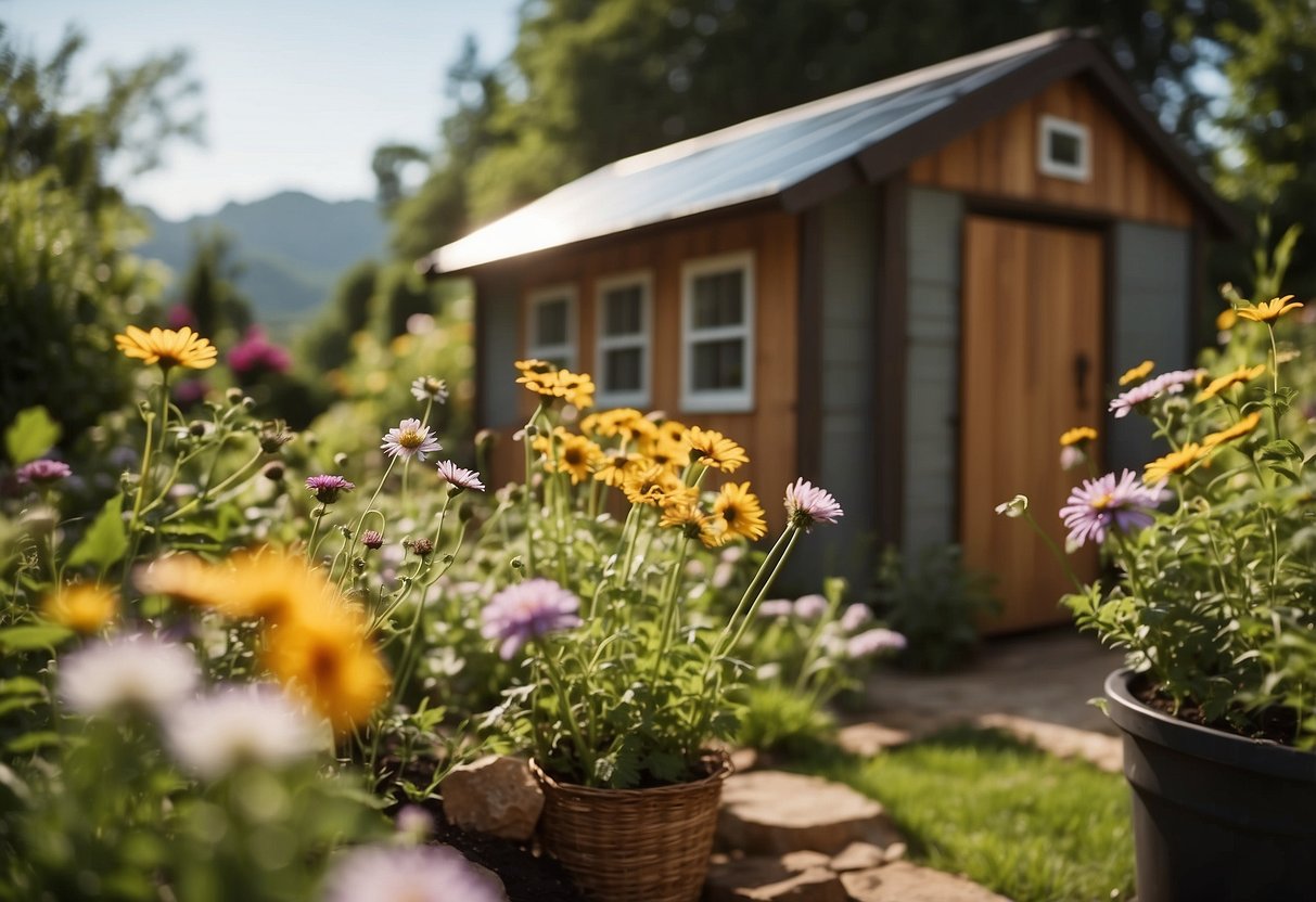 Lush garden with compost bins, rain barrels, and native plants. Bees and butterflies hover over flowers. Solar panels power the garden shed