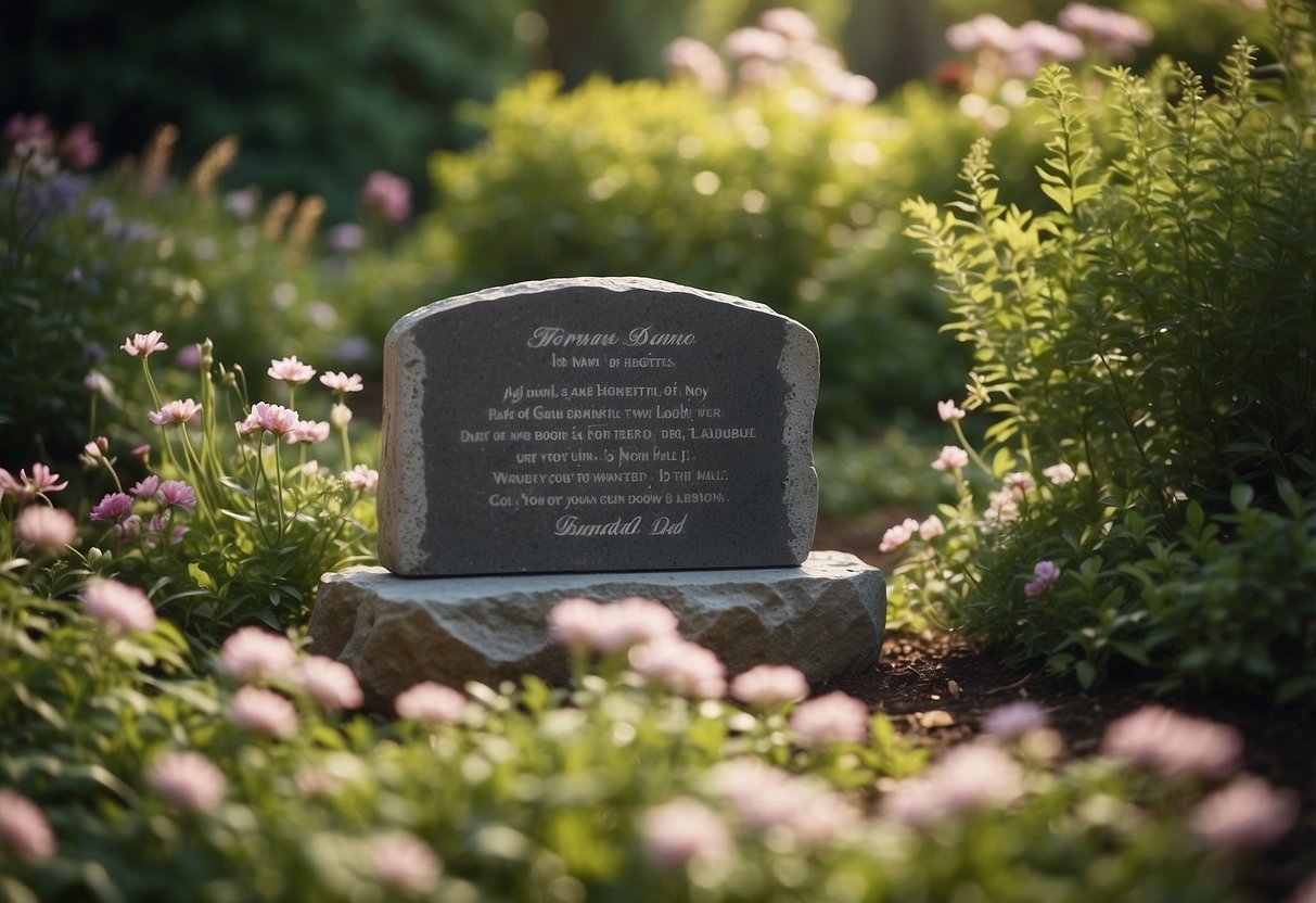 A serene garden with a personalized engraved memorial stone for dad, surrounded by blooming flowers and lush greenery