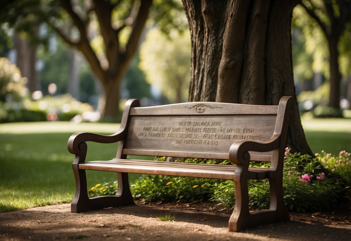 A weathered wooden bench sits beneath a sprawling tree, a bronze plaque affixed to its back. Surrounding it, vibrant flowers and lush greenery create a peaceful memorial garden for dad