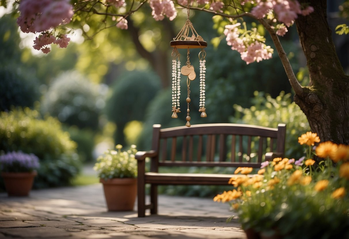 A serene garden with a personalized wind chime hanging from a tree, surrounded by flowers and a bench, dedicated to dad's memory