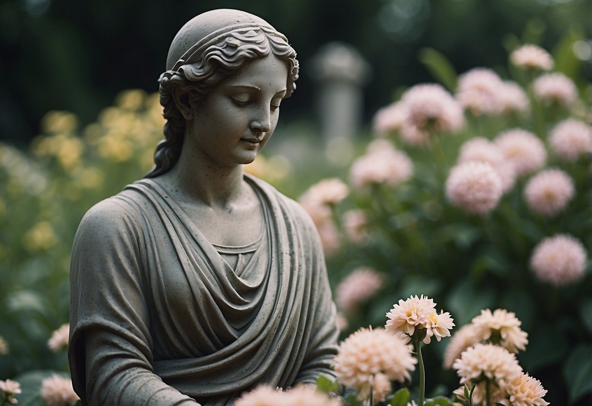 A serene garden with a weathered statue, surrounded by flowers and a peaceful atmosphere