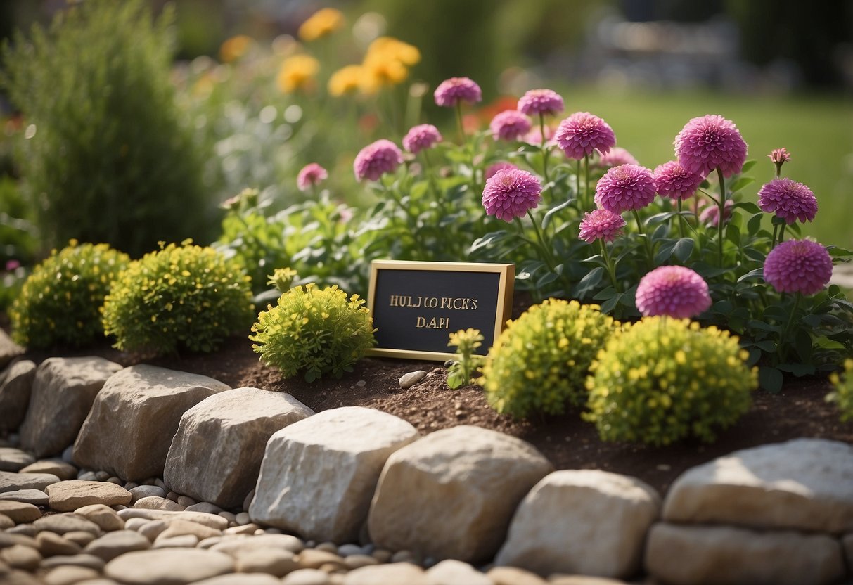 A flower bed filled with dad's favorite flowers, surrounded by decorative stones and a small plaque in a peaceful garden setting