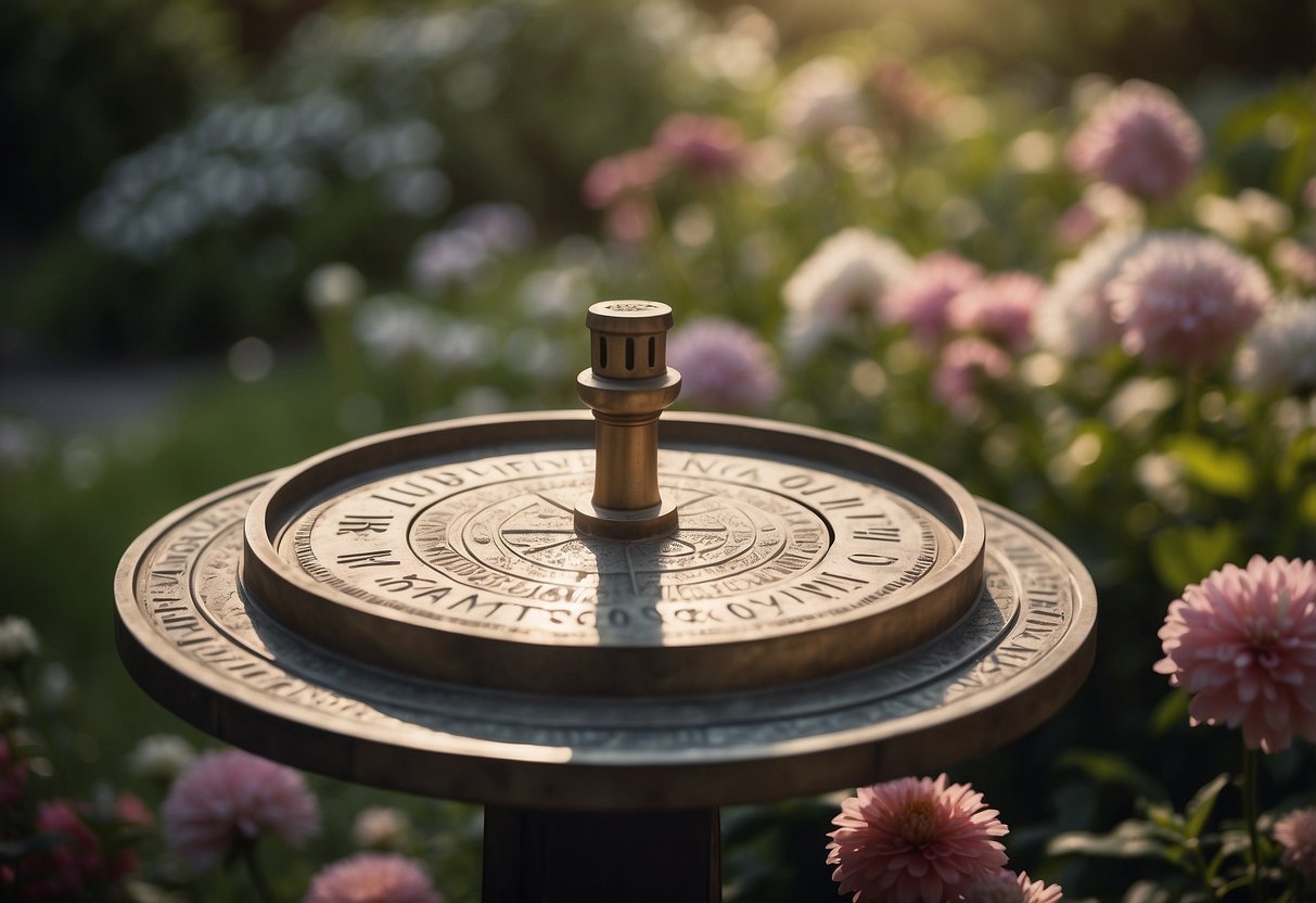 A sundial stands in a peaceful garden, surrounded by flowers and trees. A plaque reads "In loving memory of Dad."