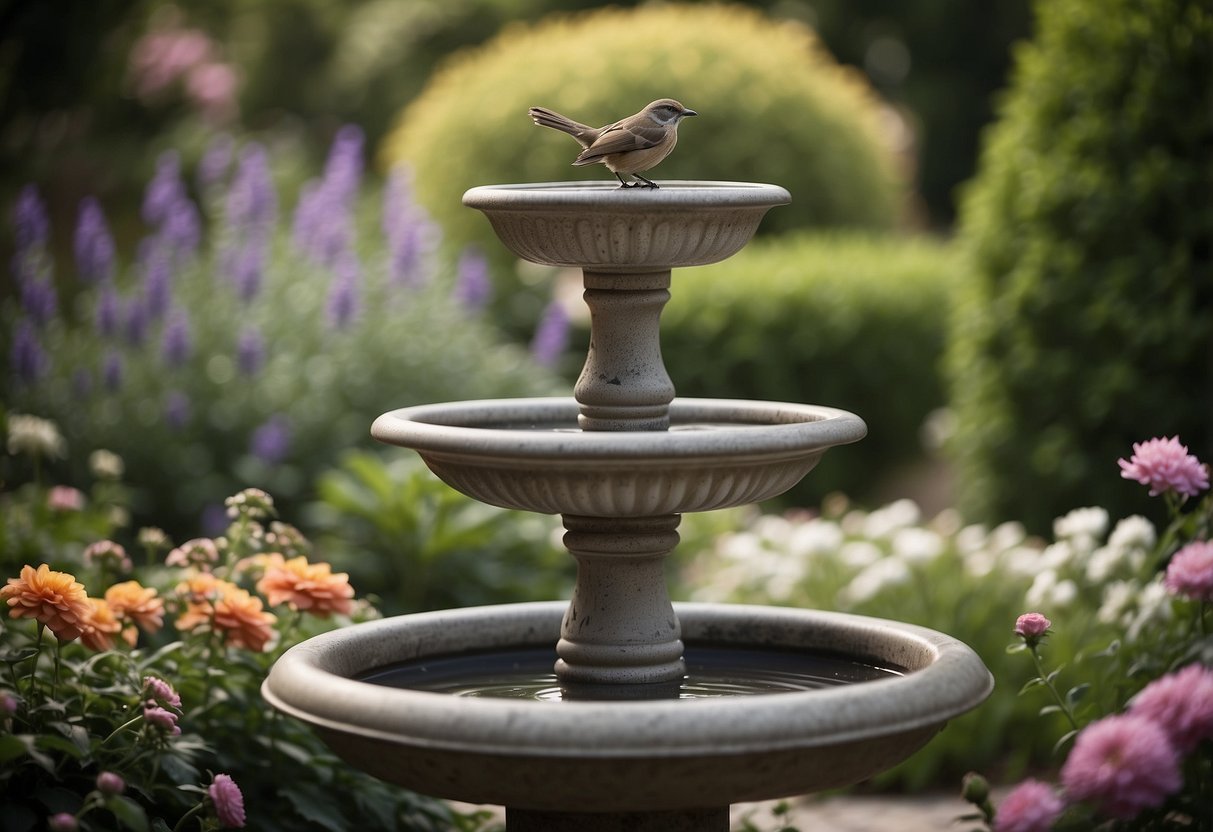 A serene garden with a bird bath as the centerpiece, surrounded by flowers and personalized memorabilia for dad