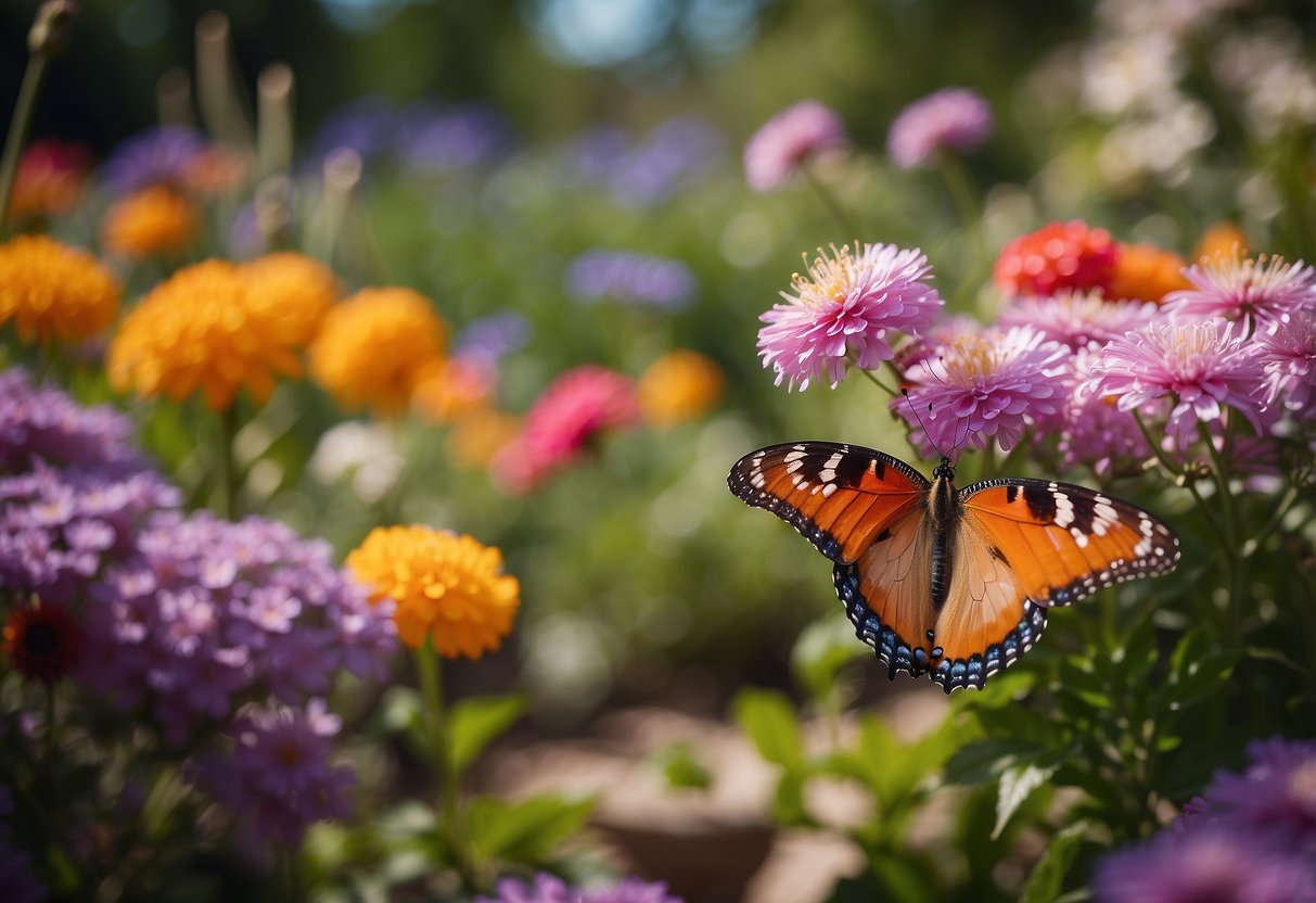 A vibrant butterfly garden with a plaque reading "Dedicated to Dad" surrounded by colorful flowers and fluttering butterflies