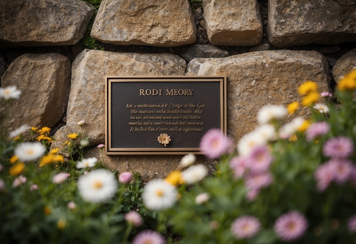 A bronze plaque mounted on a stone wall, surrounded by blooming flowers and lush greenery. The words "In Loving Memory of Dad" engraved on the plaque