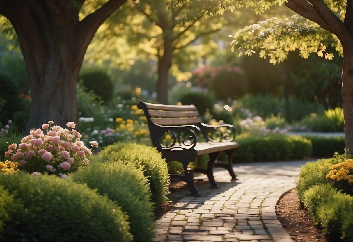 A serene garden with a winding path, blooming flowers, and a peaceful bench under a shady tree