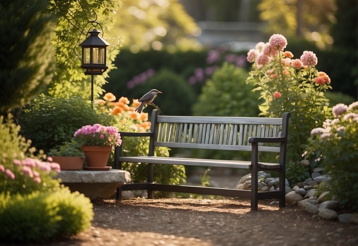 A garden bench surrounded by engraved stones, a personalized wind chime, and a custom-made bird feeder, all nestled among vibrant flowers and lush greenery