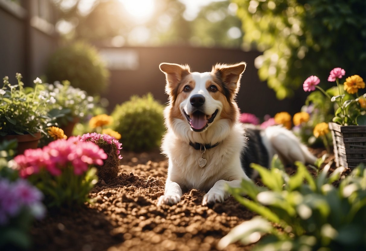 A colorful garden with pet-safe mulch, surrounded by dog-friendly plants and toys. A happy dog plays in the sun, surrounded by vibrant flowers and lush greenery