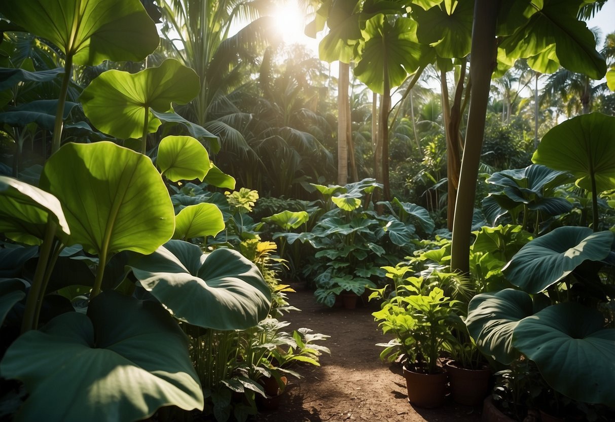 A lush garden with towering elephant ear plants creating a natural privacy screen. Sunlight filters through the large, vibrant leaves, casting dappled shadows on the ground