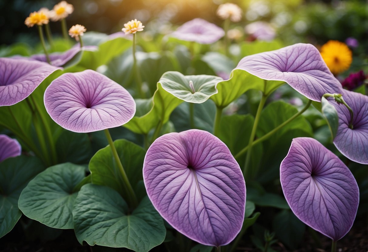 Lush elephant ears surround vibrant annual flowers in a garden bed