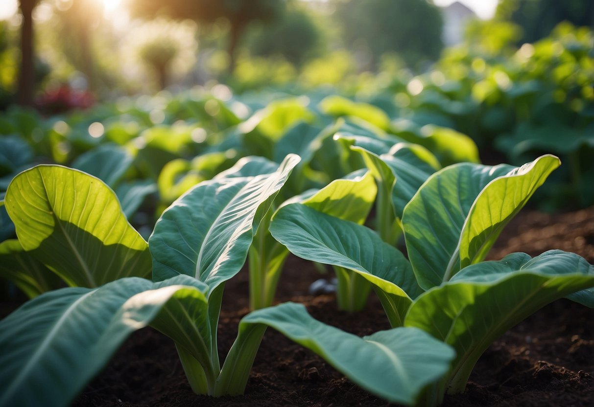 Lush, green elephant ears fill raised garden beds, creating a vibrant and tropical landscape