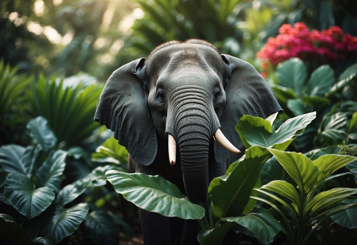 Lush garden with various elephant ear varieties, including Black Magic and Mojito. Bright, colorful foliage fills the scene, creating a tropical paradise