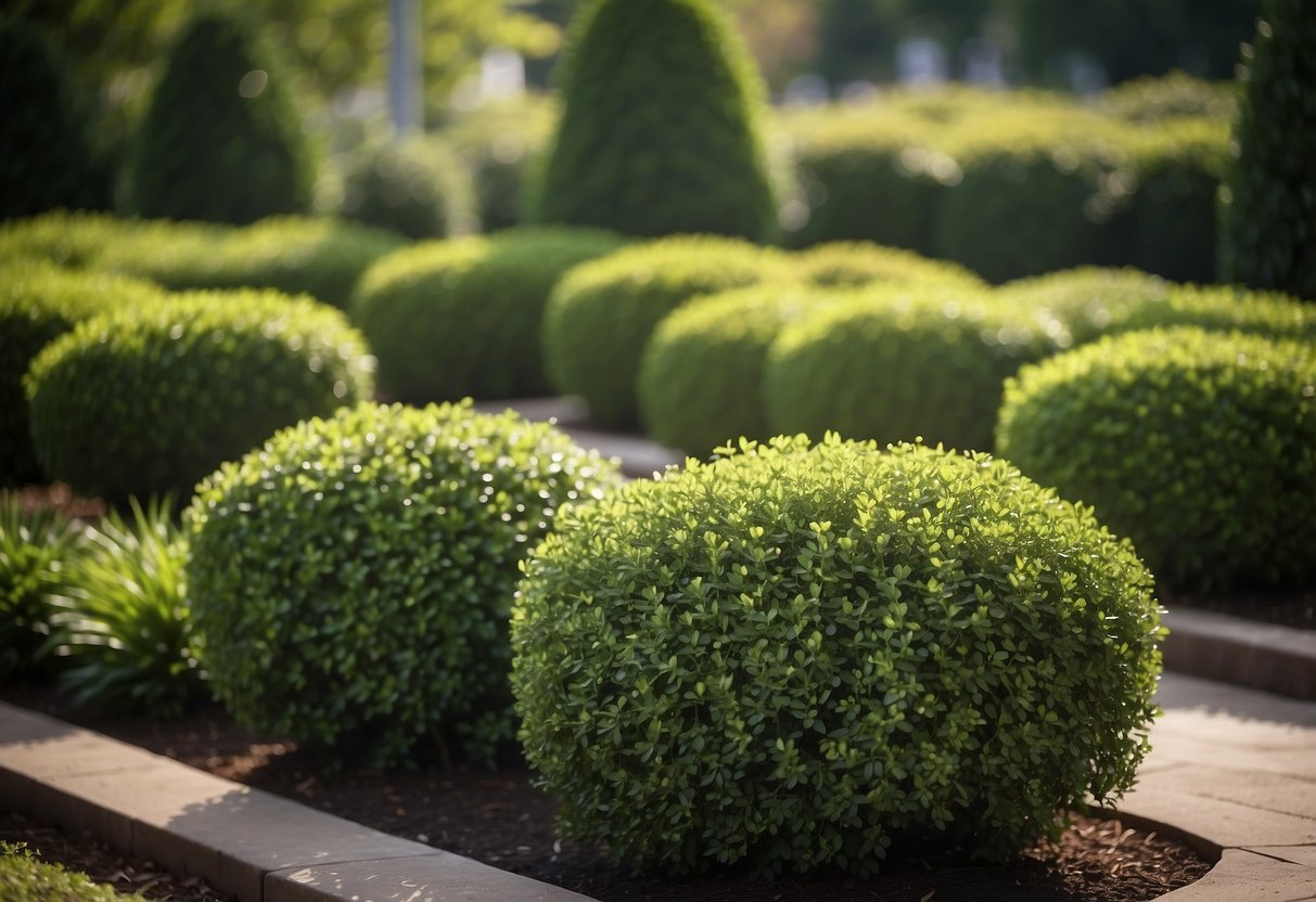 Lush boxwood shrubs fill a small garden, creating a vibrant and evergreen landscape