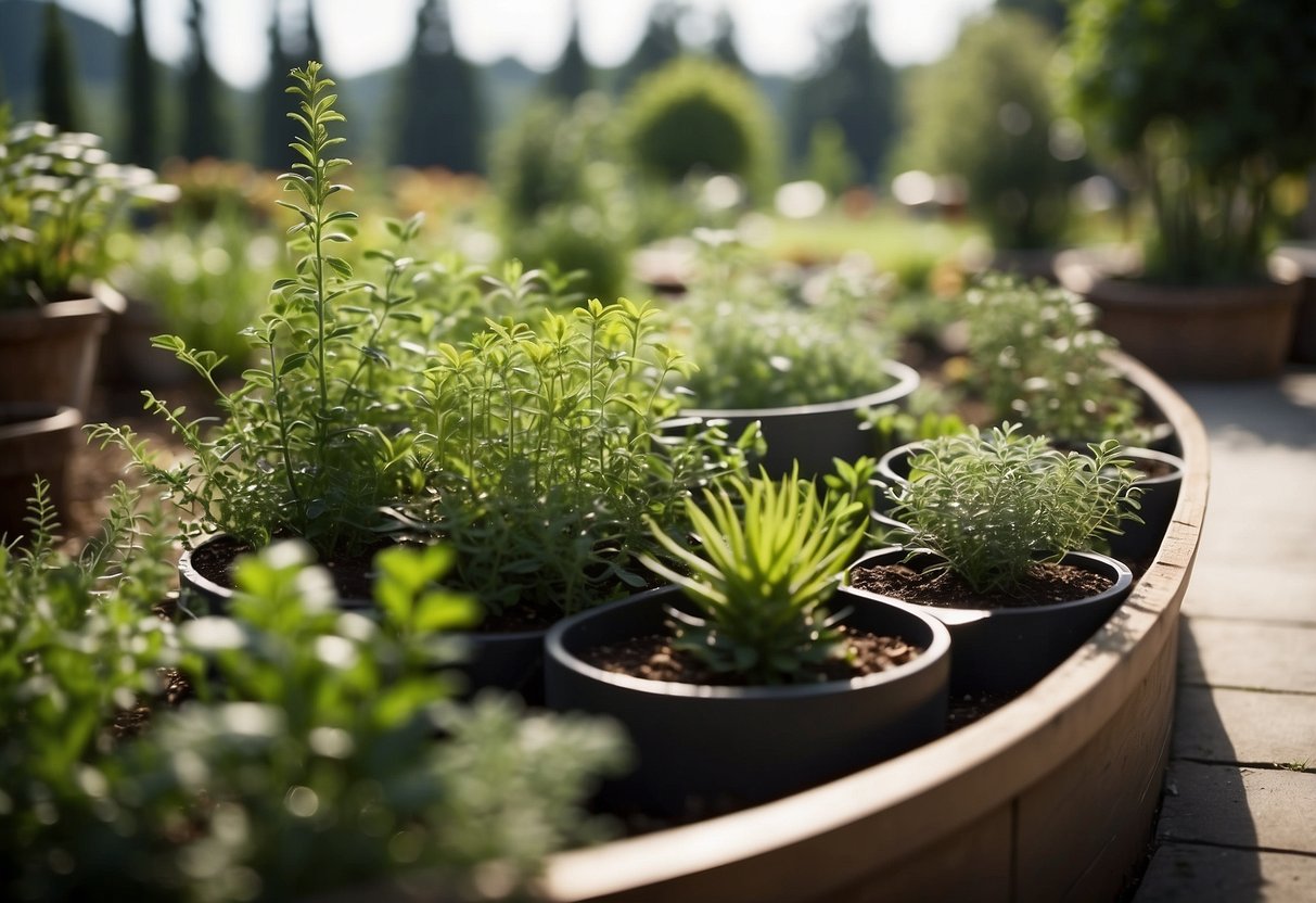 A small herb spiral garden winds up with various evergreen plants, creating a visually appealing and functional space for growing herbs