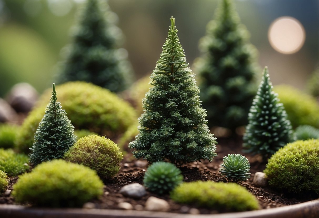 Miniature evergreen trees arranged in a small garden, creating a whimsical and enchanting scene