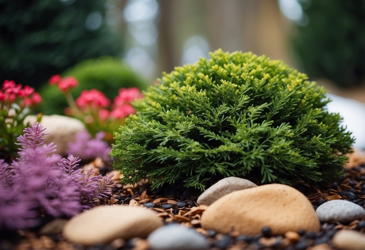 A small evergreen garden with neatly trimmed bushes, a variety of coniferous trees, and colorful winter flowers, surrounded by a layer of mulch and decorative rocks