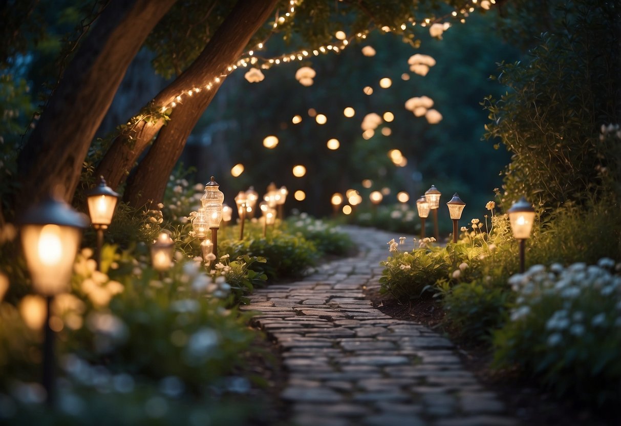 A winding pathway of fairy lights weaves through a lush garden, illuminating vibrant flowers and casting a mystical glow over the landscape