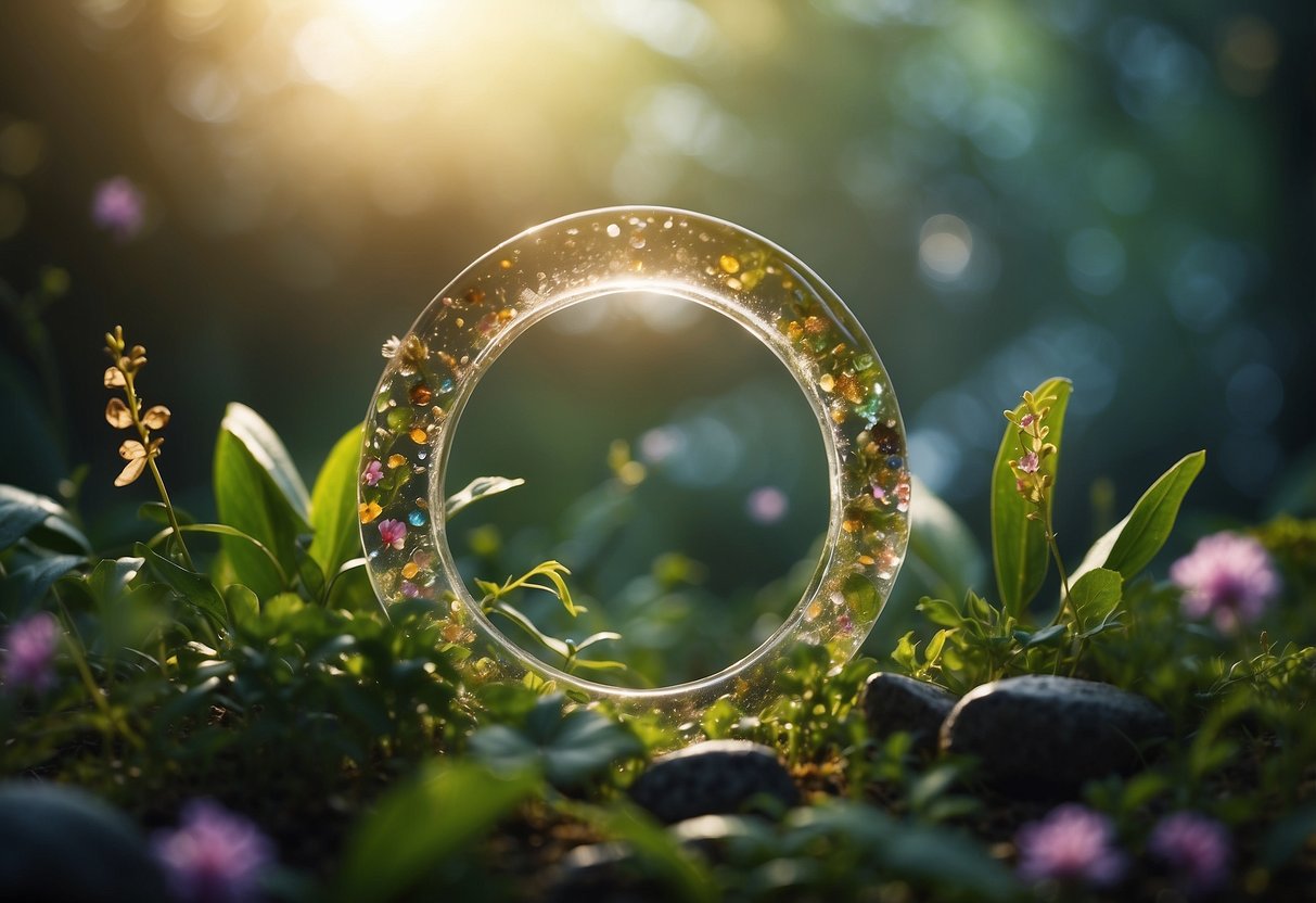 A circle of glowing stones surrounded by lush, vibrant flora, with tendrils of mist weaving through the air