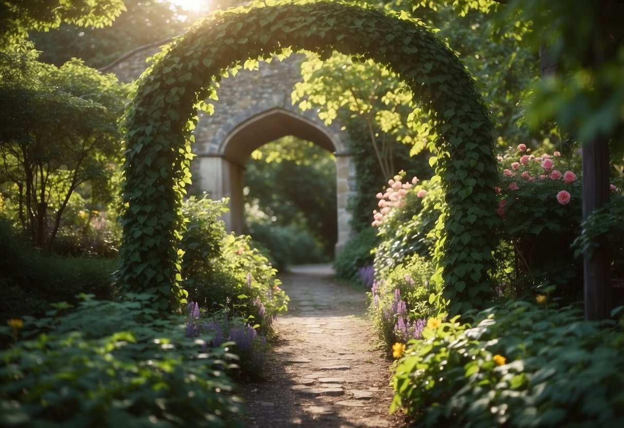 A stone archway covered in ivy leads into a lush, overgrown garden filled with vibrant flowers and twisting vines. Sunlight filters through the foliage, casting a magical glow over the scene