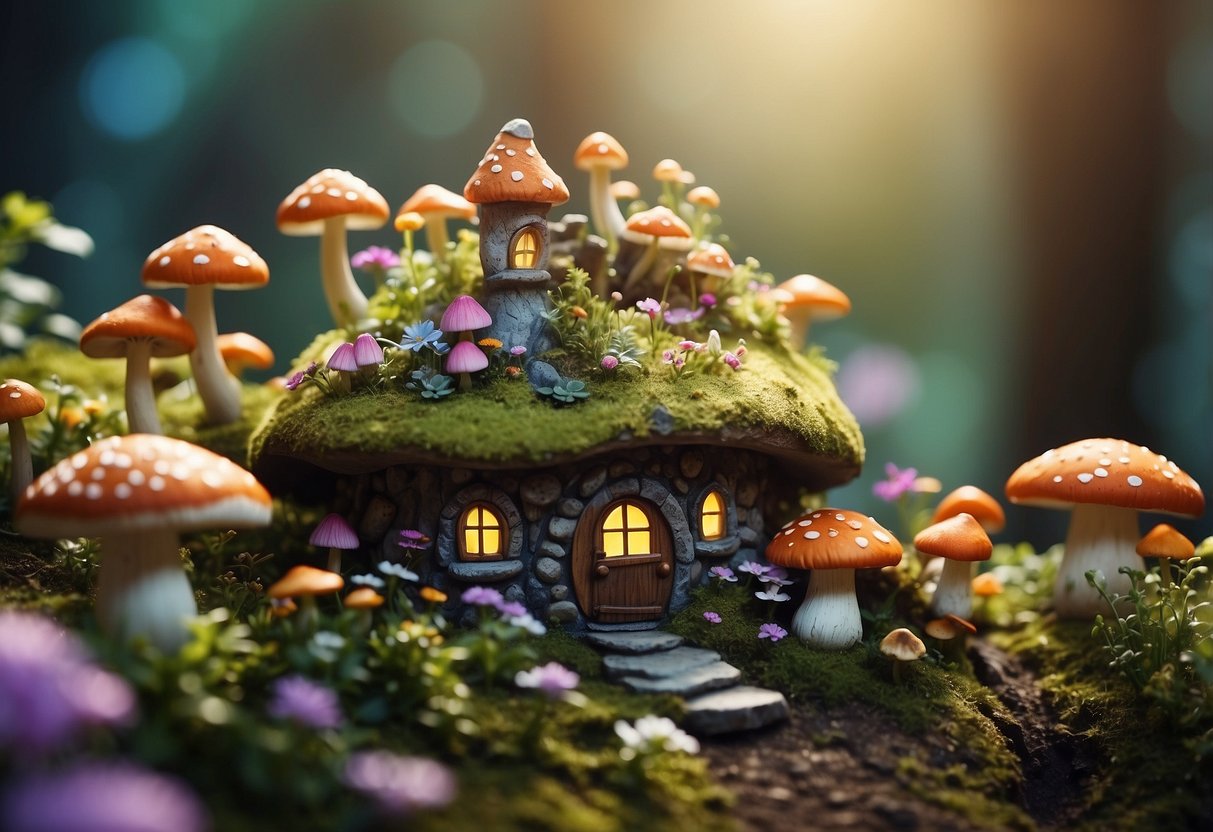 A hidden gnome village nestled among vibrant flowers and towering mushrooms in a mystical garden