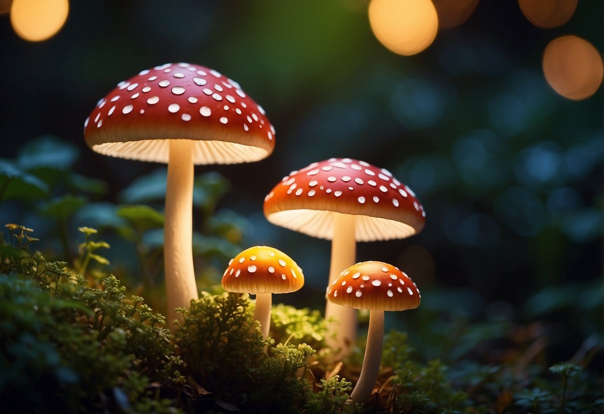 Glowing toadstools illuminate a whimsical garden with their enchanting light