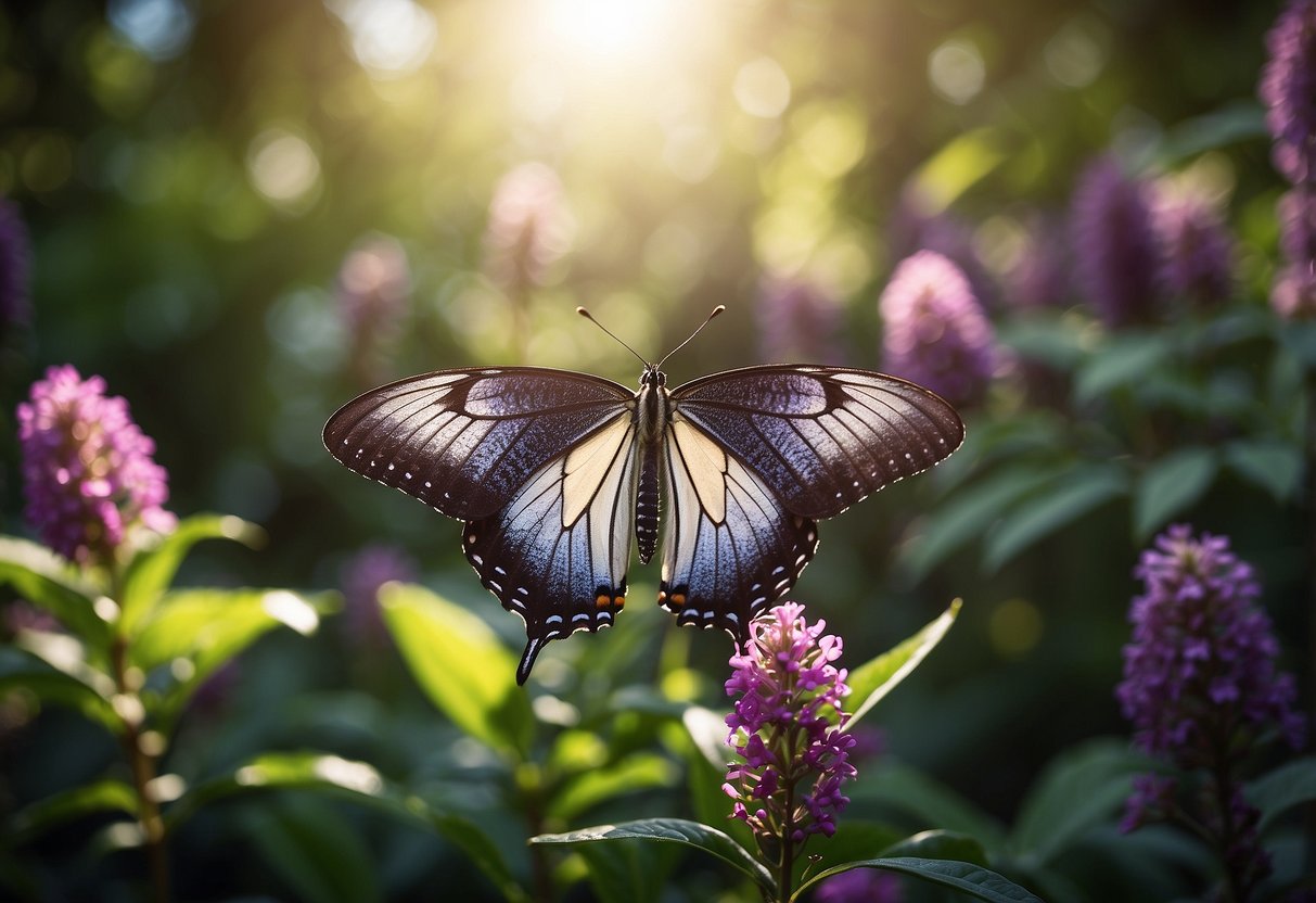 A shimmering butterfly bush stands in a mystical garden, surrounded by vibrant flowers and lush greenery. Rays of sunlight filter through the leaves, casting a magical glow over the scene