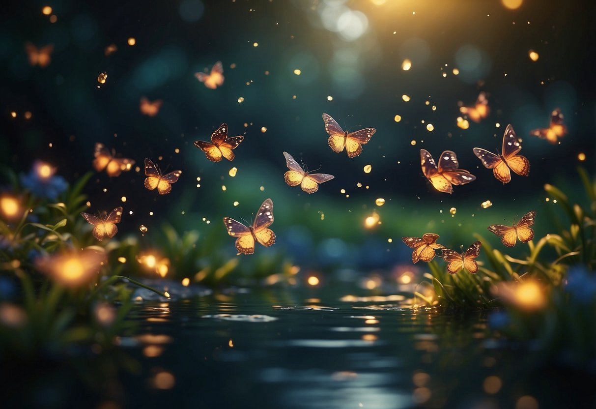 Luminous fireflies dance among vibrant flowers and twisting vines, casting a soft glow over a tranquil pond. Enchanting music fills the air as colorful butterflies flit about, creating a truly magical atmosphere