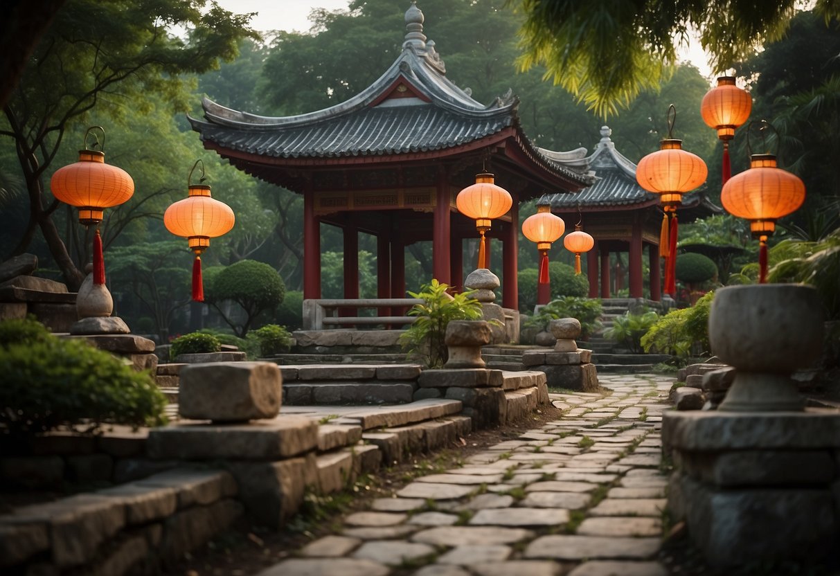 Pagoda lanterns illuminate a serene oriental garden, casting soft, warm light on winding stone paths and lush greenery